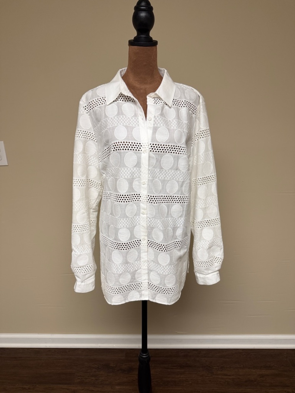 Woman’s White Eyelet Button-Up Shirt- could be used as a swim cover up or jacket